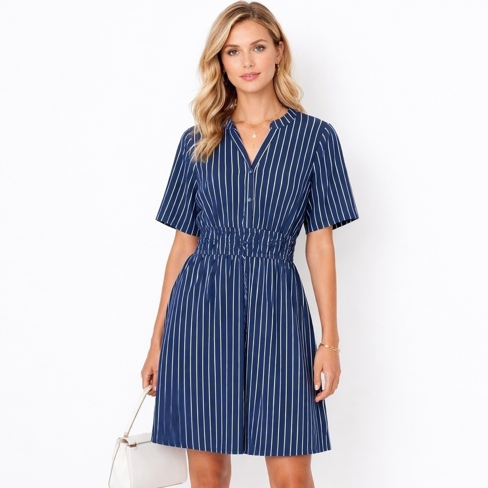 41 Hawthorn Tara Knit Poplin Striped‎ Smocked Waist Shirt Dress SP New